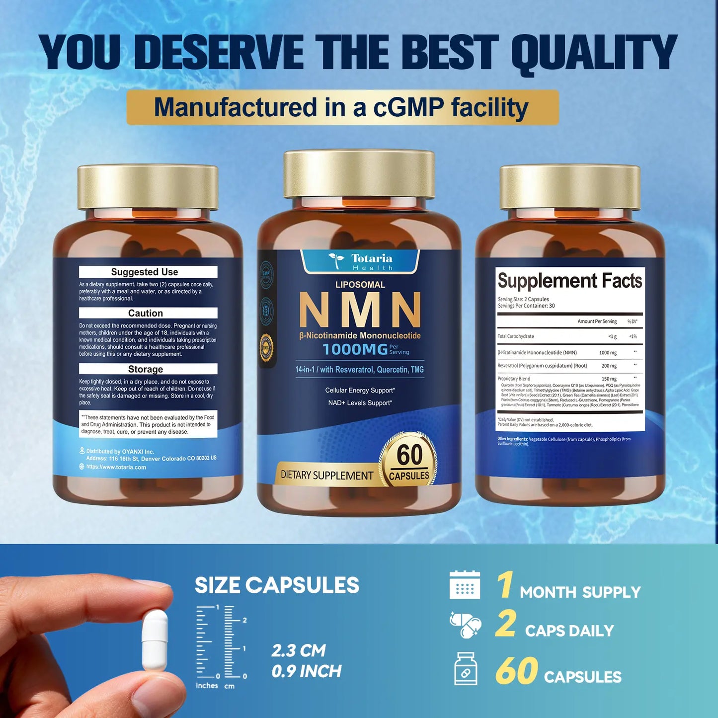 Totaria Liposomal NMN Supplement 1000Mg, 14-In-1 NMN Resveratrol Capsules with Coq10, TMG, Quercetin, ALA, PQQ, Support NAD Levels, Cellular Energy & Healthy Aging, 60 Capsules, Cgmp, Filler Free