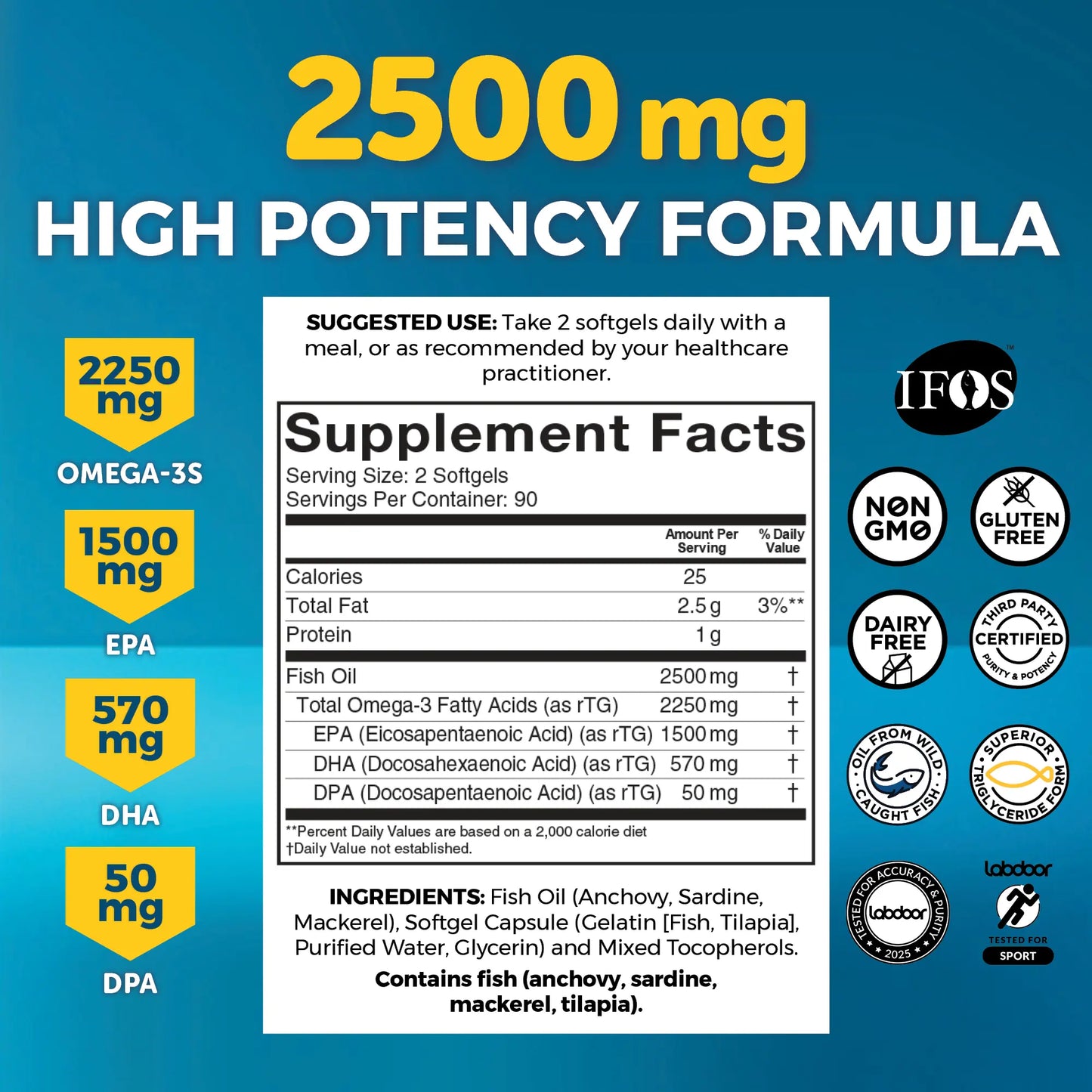 Triple-Strength Omega-3 Fish Oil Supplement - 2500 Mg Fish Oil with Re-Esterified Omega-3 Fatty Acids Including EPA, DHA & DPA - Support Heart + Brain Health - Pescatarian-Friendly Softgels