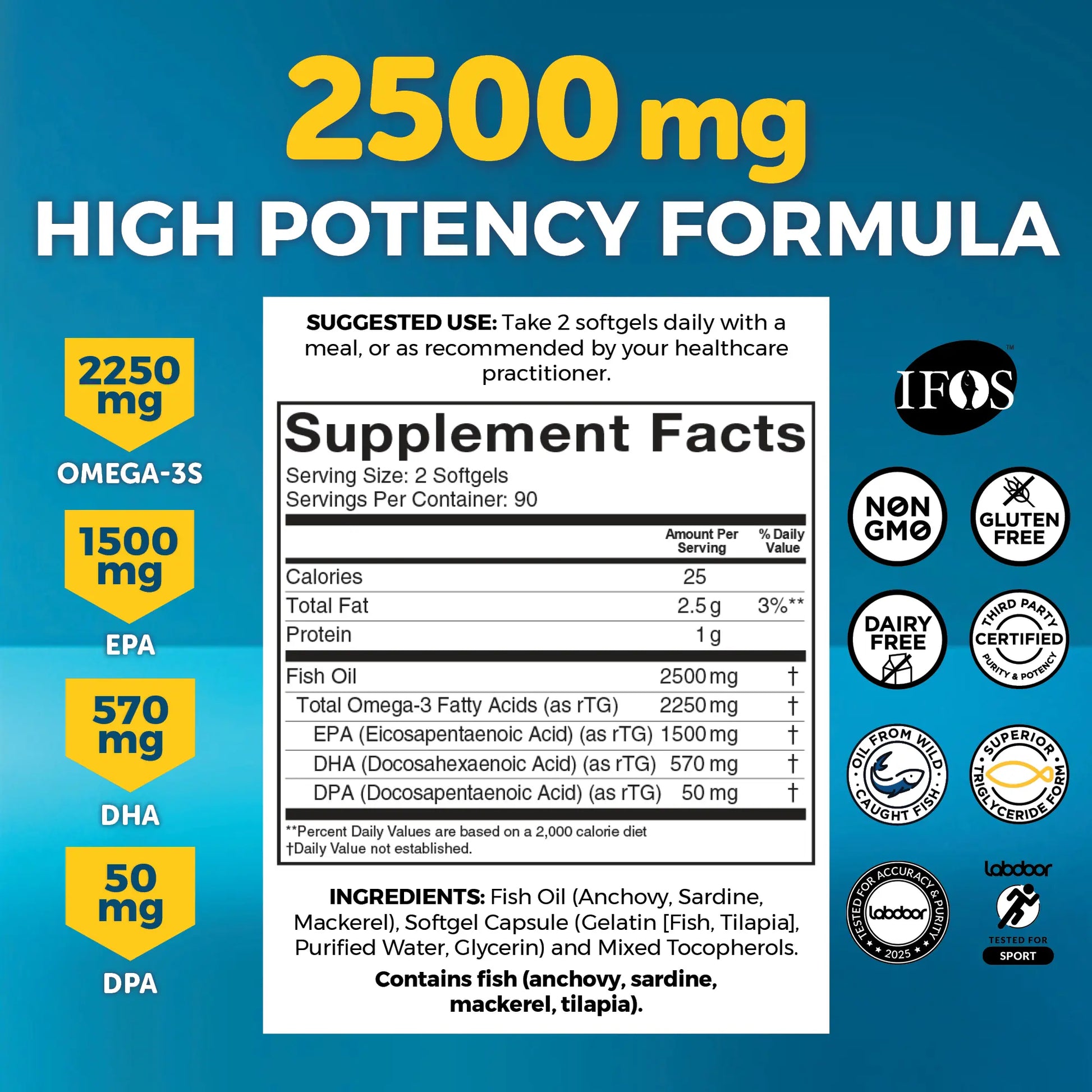 Triple-Strength Omega-3 Fish Oil Supplement - 2500 Mg Fish Oil with Re-Esterified Omega-3 Fatty Acids Including EPA, DHA & DPA - Support Heart + Brain Health - Pescatarian-Friendly Softgels