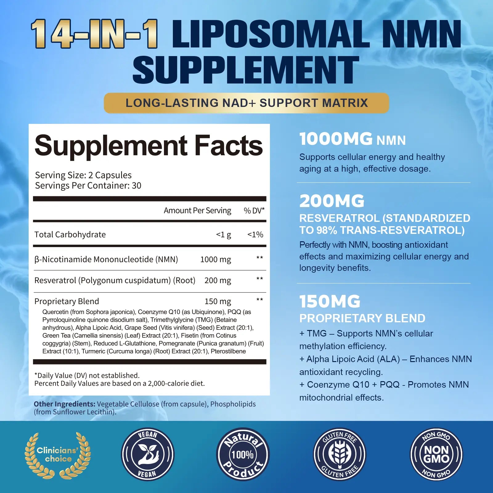 Totaria Liposomal NMN Supplement 1000Mg, 14-In-1 NMN Resveratrol Capsules with Coq10, TMG, Quercetin, ALA, PQQ, Support NAD Levels, Cellular Energy & Healthy Aging, 60 Capsules, Cgmp, Filler Free