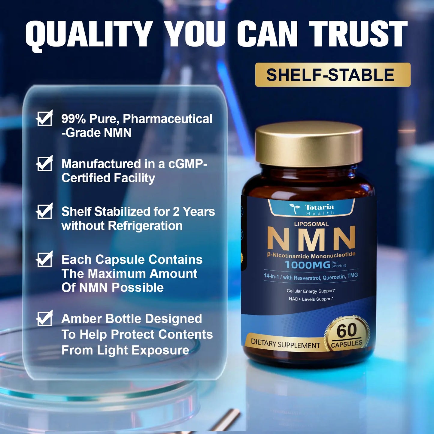 Totaria Liposomal NMN Supplement 1000Mg, 14-In-1 NMN Resveratrol Capsules with Coq10, TMG, Quercetin, ALA, PQQ, Support NAD Levels, Cellular Energy & Healthy Aging, 60 Capsules, Cgmp, Filler Free