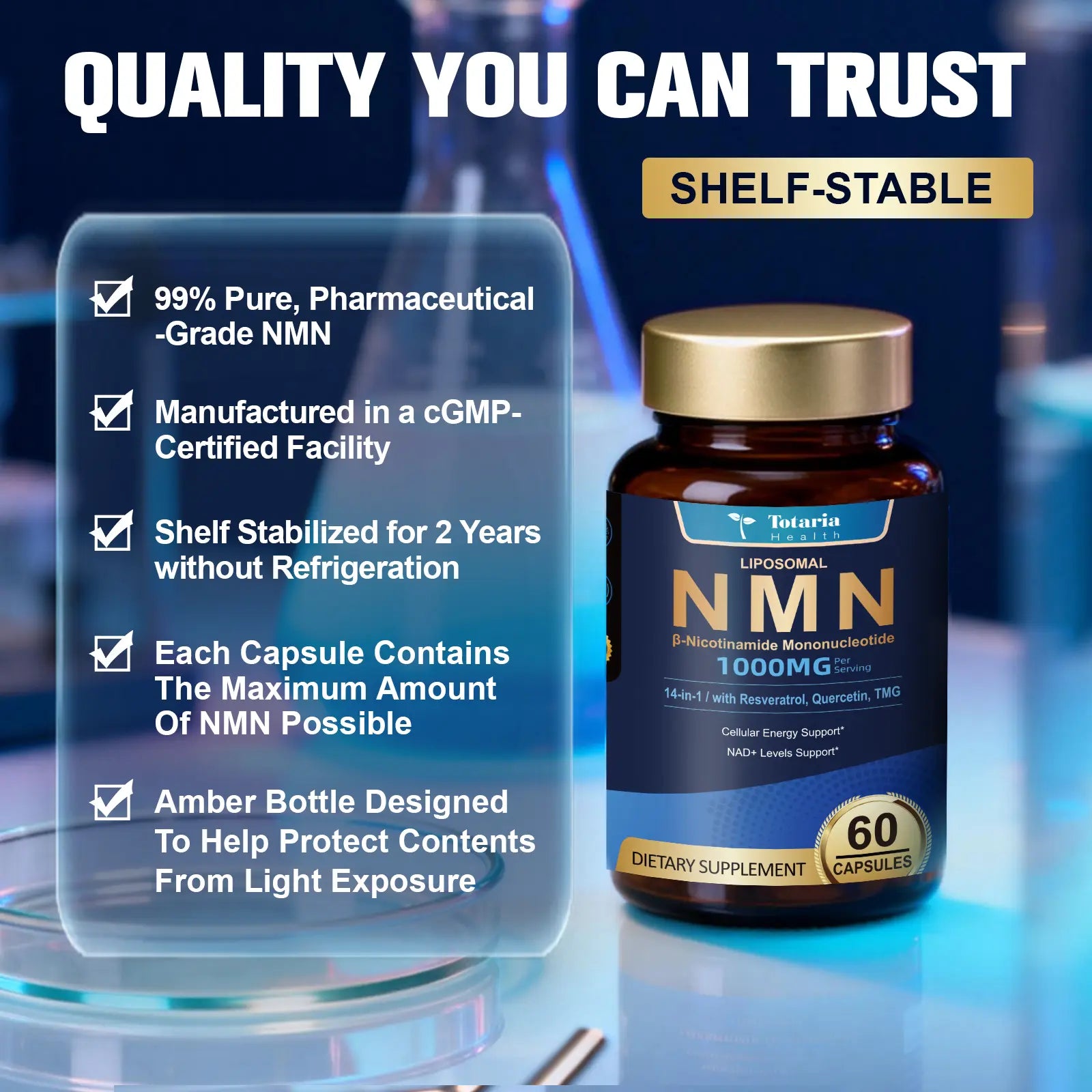 Totaria Liposomal NMN Supplement 1000Mg, 14-In-1 NMN Resveratrol Capsules with Coq10, TMG, Quercetin, ALA, PQQ, Support NAD Levels, Cellular Energy & Healthy Aging, 60 Capsules, Cgmp, Filler Free