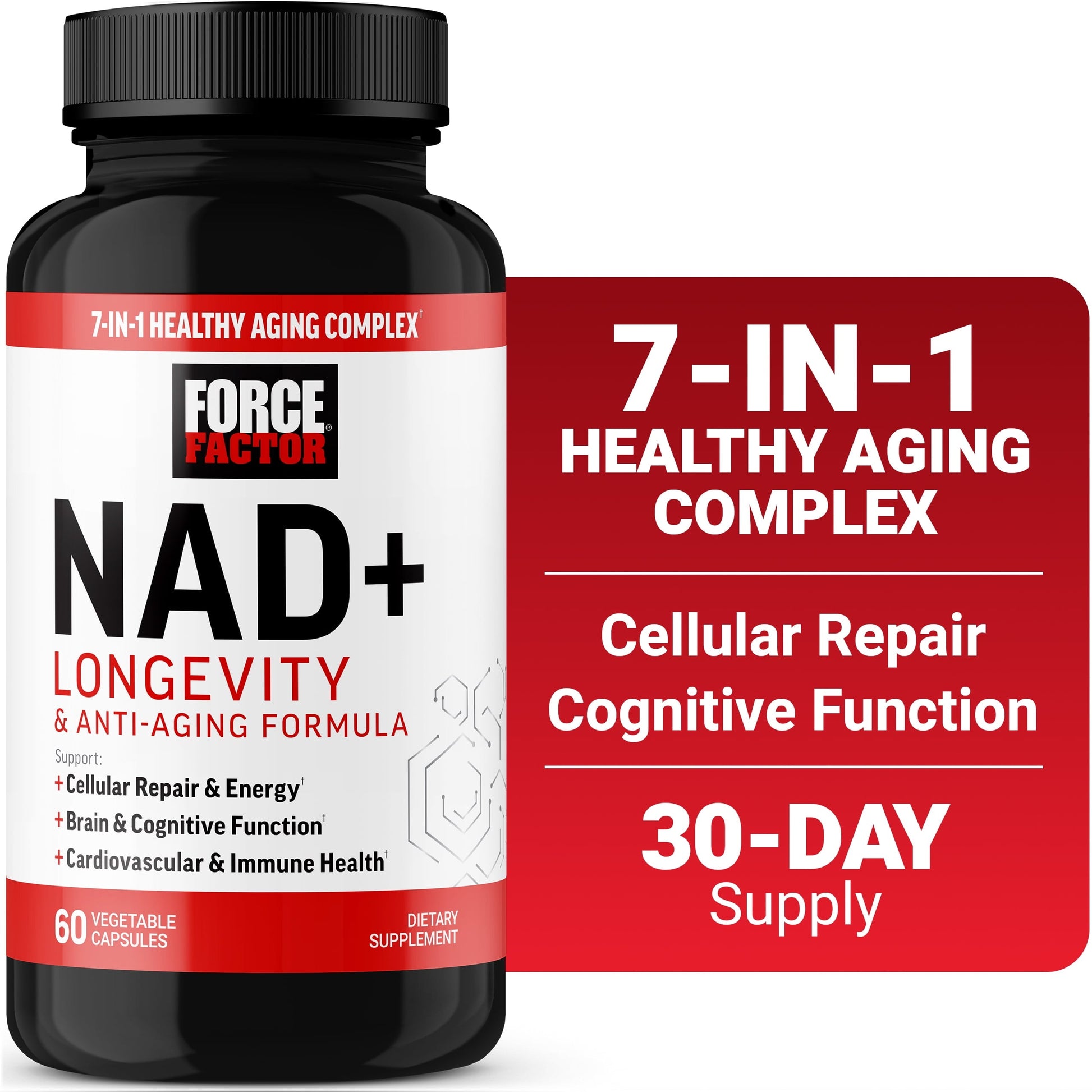 NAD+ Longevity, Healthy Aging NAD Supplement with Resveratrol & Nicotinamide for Cellular Energy & Repair, Cognitive Health, 60 Capsules