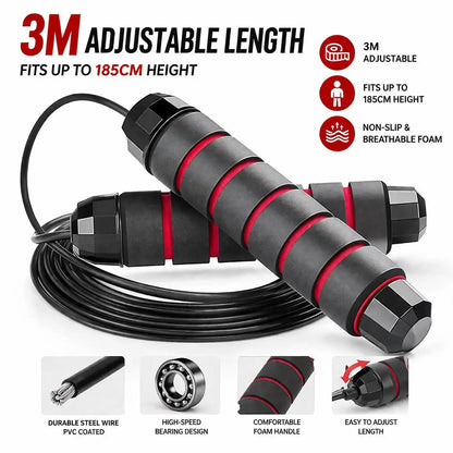 Adjustable Steel Wire Skipping Rope with 3M Adjustable Ropes, Unisex Lightweight Design, Non-Slip Foam Handles, High-Speed Ball Bearings, for Home Gym Fitness Training & Outdoor Fun