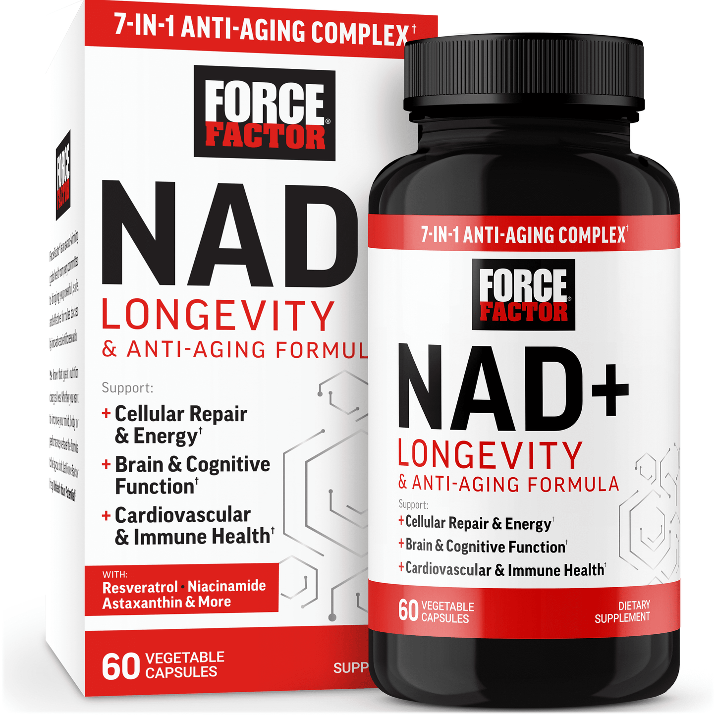 NAD+ Longevity, Healthy Aging NAD Supplement with Resveratrol & Nicotinamide for Cellular Energy & Repair, Cognitive Health, 60 Capsules