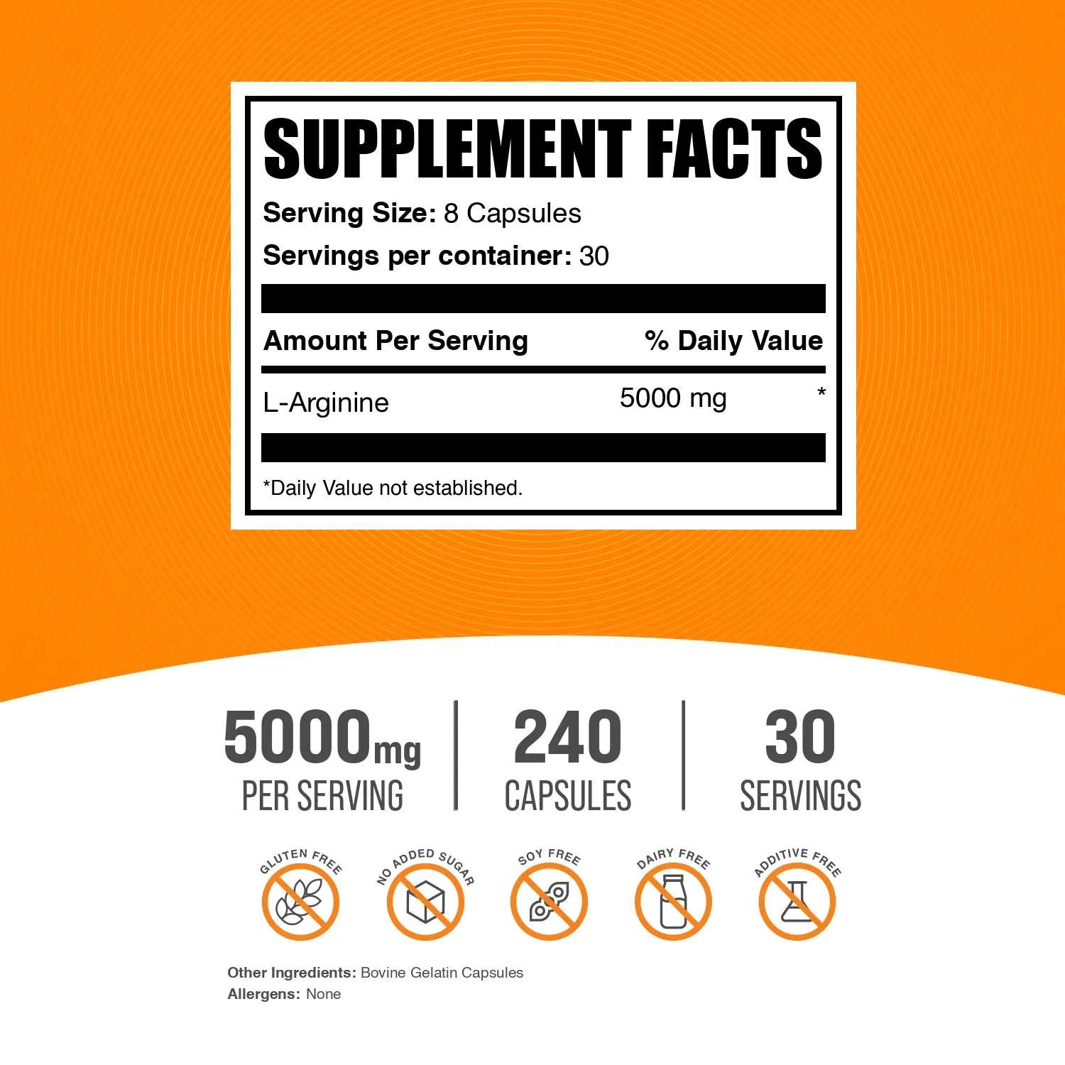 Bulksupplements - L-Arginine Capsules - Muscle Growth - Immune - 240 Capsules - 5000Mg per Serving